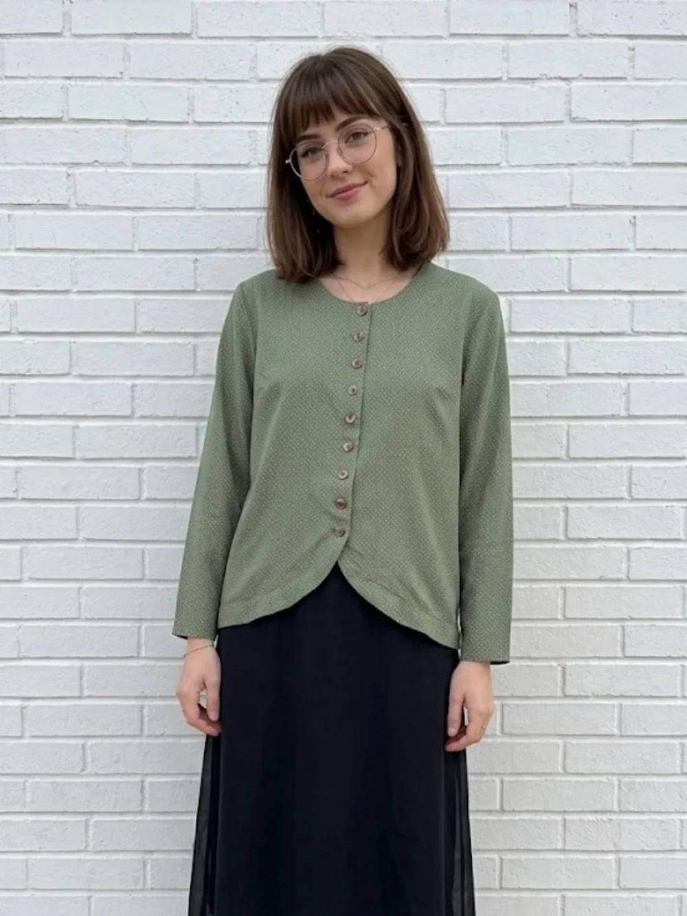 Vintage 90s Olive Green Polka Dot Blouse Office Minimalist Button Top size Small - Picture 2 of 13